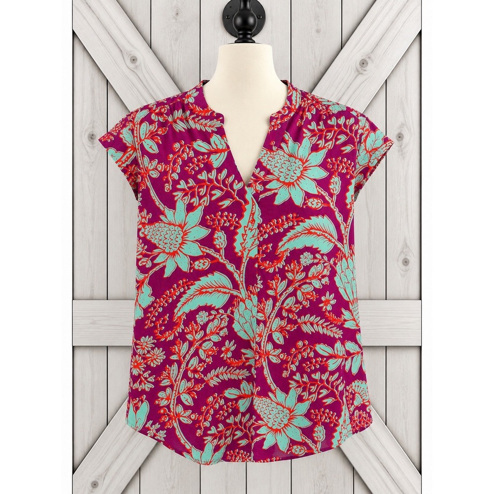 Soft Surroundings Tunic Top 2X Purple Vibrant Floral Cap Sleeve V-Neck